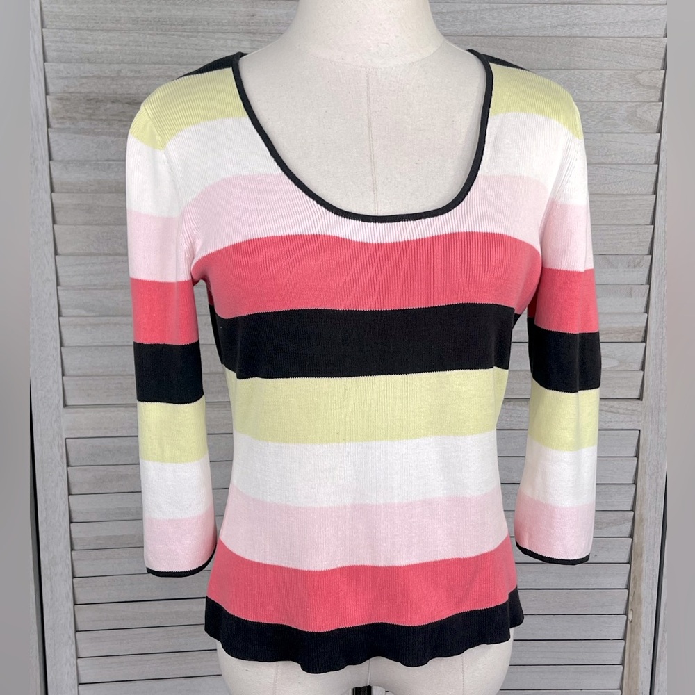 SAG HARBOR (Petite) 100% Cotton 3/4 Sleeve Summer Sweater Multi/Stripe-SP